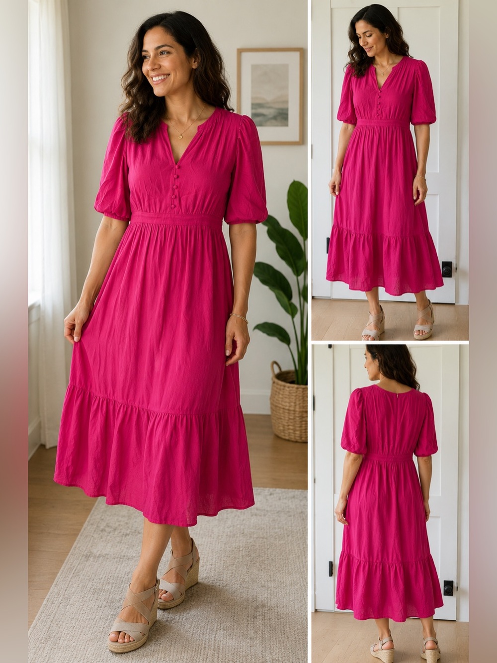 LOFT Pink Smocked Puff Sleeve Midi Dress (Worn Once)